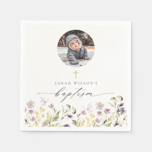 Niedlich-Rosa-Wiese-Schmetterling-Foto Taufe Serviette (Vorderseite)