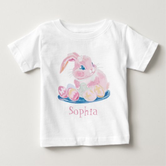 Niedlich rosafarbener Hase mit Ostereiern-Töchterm Baby T-shirt (Vorderseite)