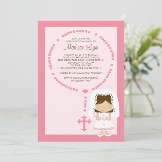 Niedlich Rosary First Communitation Girl Pink Einladung (Stehend Vorderseite)