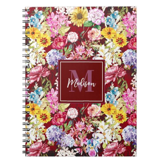 Niedlich-Rot-Gelblich-Floral-Monogramm Notizblock (Vorderseite)