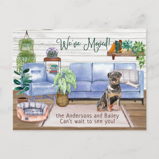 Niedlich Rottweiler Cosy New Zuhause Moving Ankündigungspostkarte (Vorderseite)