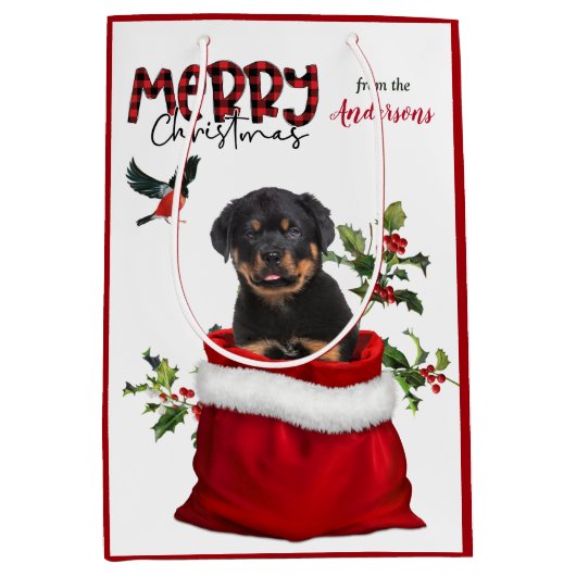 Niedlich Rottweiler Welpen Weihnachten Mittlere Geschenktüte (Vorderseite)