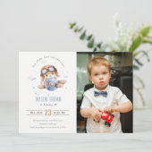 Niedlich Rust Blue Airplane Teddy Stars Foto Gebur Einladung (Stehend Vorderseite)