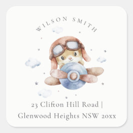 Niedlich Rust Navy Flugzeug Teddy Cloud Stars Sky- Quadratischer Aufkleber