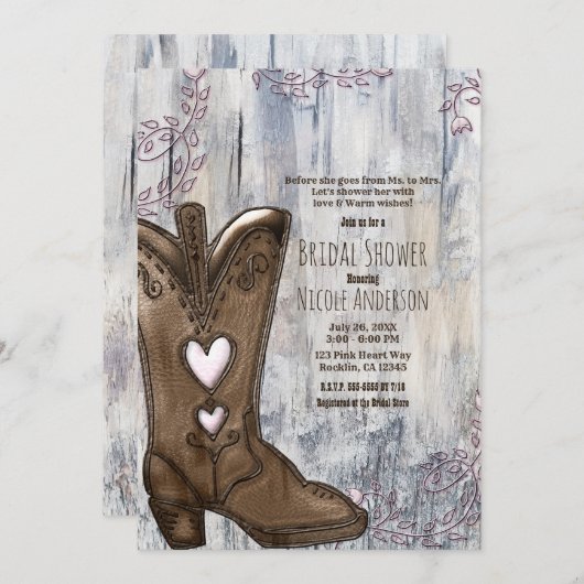 Niedlich Rustikal rosa Herzmuschel Stiefel Brautpa Einladung (Vorne/Hinten)
