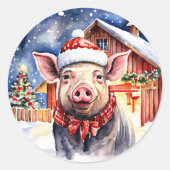 Niedlich Rustikales Weihnachtsschwein und Stall Gr Runder Aufkleber (Vorderseite)