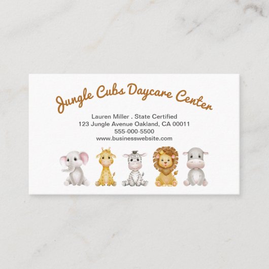 Niedlich Safari Animal Child Daycare Babysitter Visitenkarte (Vorderseite)