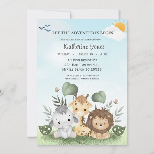 Niedlich Safari Animals Baby Dusche Einladung (Vorderseite)