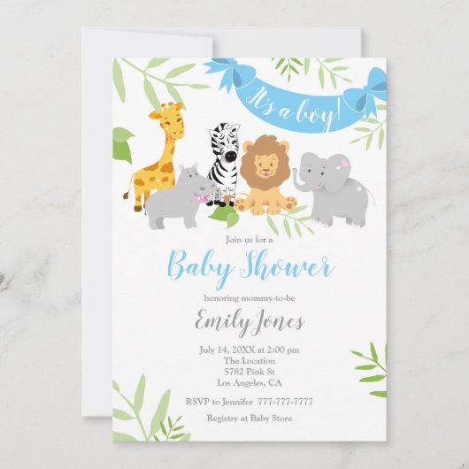 Niedlich Safari Animals Baby Shower Boy Einladung (Vorderseite)