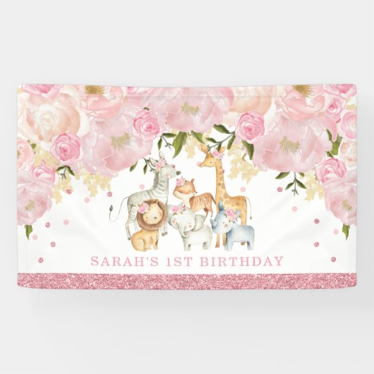 Niedlich Safari Baby Animes Rose Gold Blush Floral Banner (Horizontal)