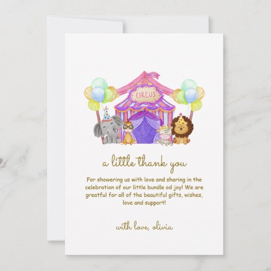 Niedlich Safari Circus Karneval Balloon Babydusche Dankeskarte (Vorderseite)
