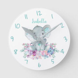 Niedlich Safari Elephant Floral Watercolor Runde Wanduhr