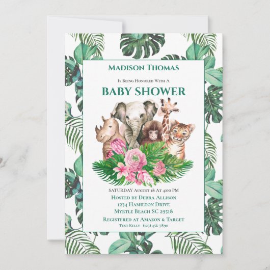 Niedlich Safari Jungle Animals Baby Dusche Einladung (Vorderseite)