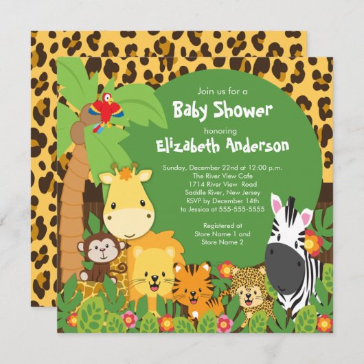 Niedlich Safari Jungle Animals Kinderdusche Einlad Einladung (Vorne/Hinten)