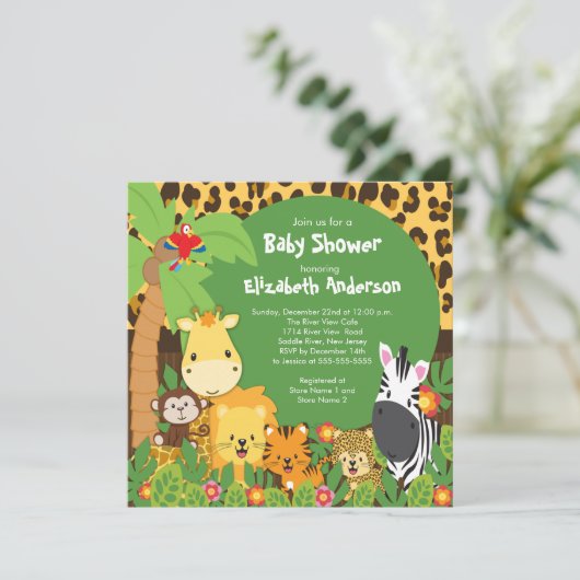 Niedlich Safari Jungle Animals Kinderdusche Einlad Einladung (Stehend Vorderseite)