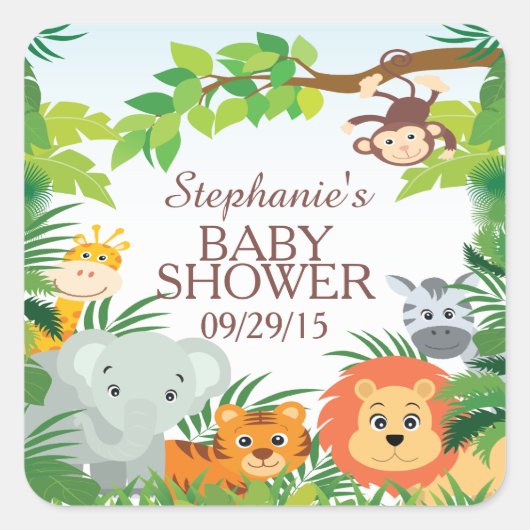 Niedlich Safari Jungle Baby Dusche Gefallen Sticke Quadratischer Aufkleber (Vorderseite)