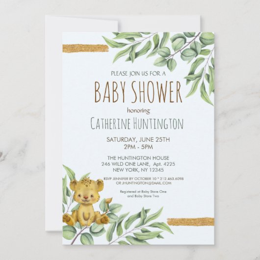 Niedlich Safari Jungle Lion Eucalyptus Baby Dusche Einladung (Vorderseite)