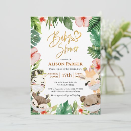 Niedlich Safari Pink Blumengrün Babydusche Einladung (Stehend Vorderseite)