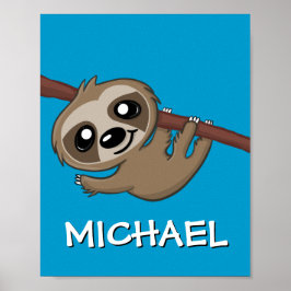 Niedlich Safari Sloth Cartoon Jungle Name Blauer Z Poster
