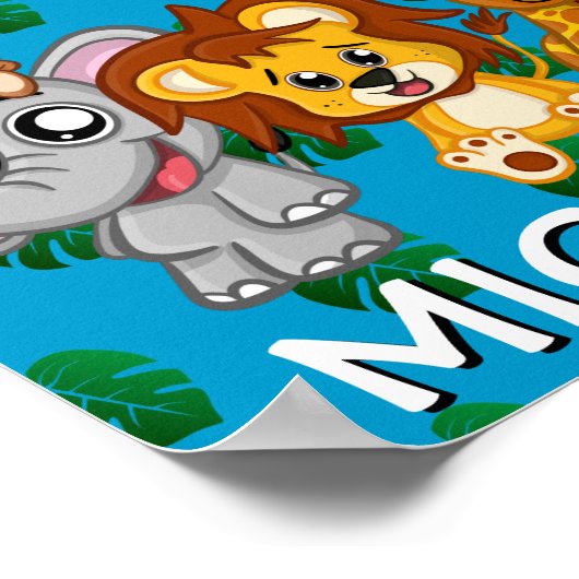 Niedlich Safari Tiere Cartoon Jungle Name Blau Poster (Ecke)