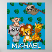 Niedlich Safari Tiere Cartoon Jungle Name Blau Poster (Vorne)
