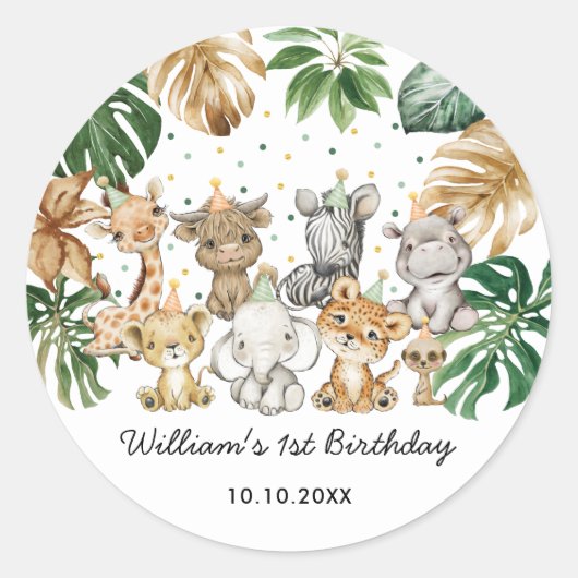 Niedlich Safari Tiere Jungle Greenery Baby Shower Runder Aufkleber (Vorderseite)