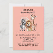 Niedlich Safari Tiere Pink Florals Girl Baby Dusch Einladung (Vorderseite)