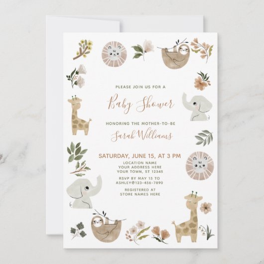 Niedlich Safari Tiere Script Brown Boho Baby Showe Einladung (Vorderseite)