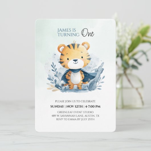 Niedlich Safari Tiger 1. Geburtstag Einladung (Stehend Vorderseite)