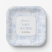 Niedlich Safari Toile de Jouy Blue Baby Dusche Pappteller (Vorderseite)