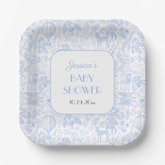 Niedlich Safari Toile de Jouy Blue Baby Dusche Pappteller (Vorderseite)