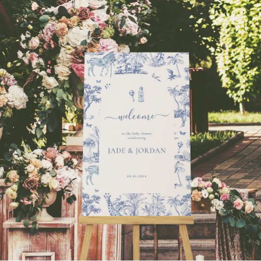 Niedlich Safari Toile de Jouy | Blue Baby Dusche Poster