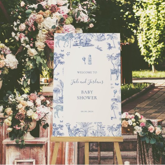 Niedlich Safari Toile de Jouy | Blue Baby Dusche Poster