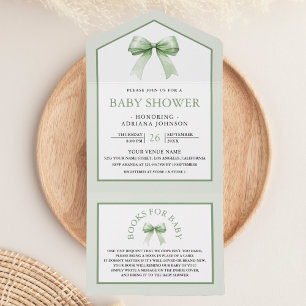 Niedlich Sage Green Coquette Bow Baby Dusche All In One Einladung