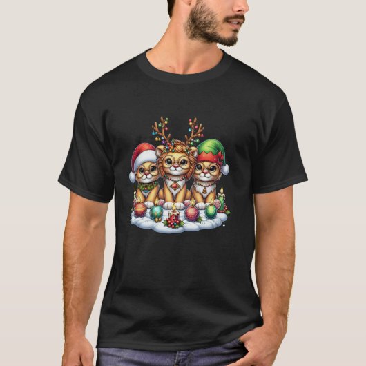 Niedlich Santa Reindeer Elf Löwen Weihnachtsfrauen T-Shirt (Vorderseite)