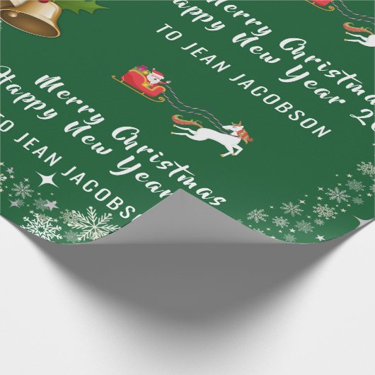 Niedlich Santa Unicorn Modernes Drehbuch personali Geschenkpapier (Ecke)