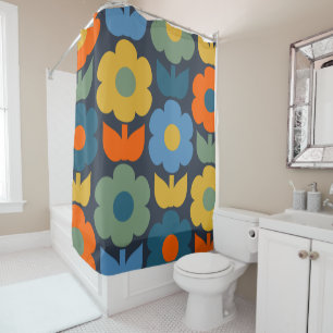 Niedlich Scandi Retro Modernes Blumenmuster Blau Duschvorhang