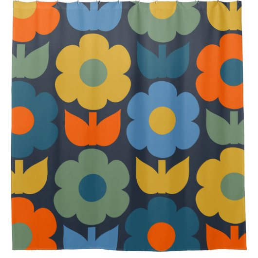 Niedlich Scandi Retro Modernes Blumenmuster Blau Duschvorhang (Vorderseite)