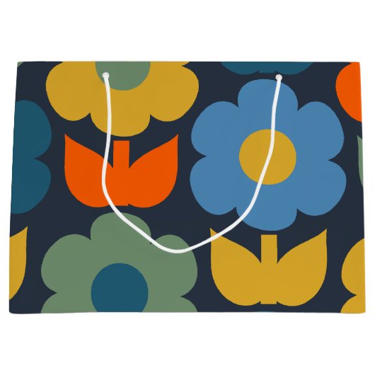 Niedlich Scandi Retro Modernes Blumenmuster Blau Große Geschenktüte (Vorderseite)