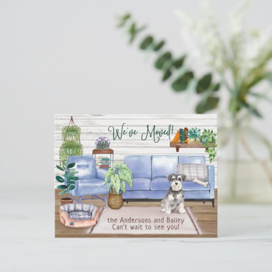 Niedlich Schnauzer Cosy New Zuhause Moving     Ankündigungspostkarte (Stehend Vorderseite)