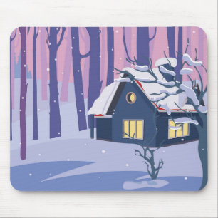 Niedlich schneebedeckte Winterlandschaft mit Hütte Mousepad