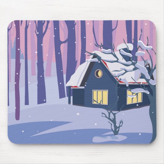 Niedlich schneebedeckte Winterlandschaft mit Hütte Mousepad (Vorne)