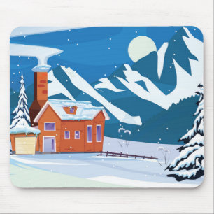 Niedlich schneebedeckte Winterlandschaft mit Hütte Mousepad