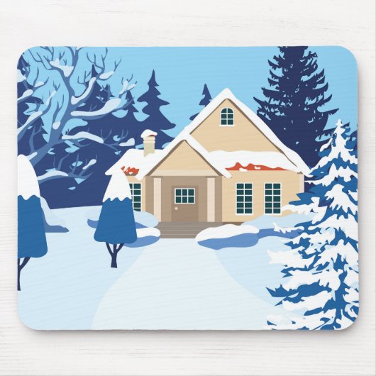 Niedlich schneebedeckte Winterlandschaft mit Hütte Mousepad (Vorne)