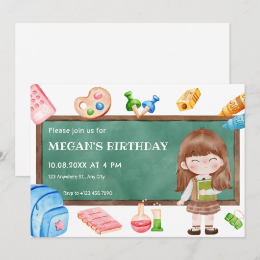 Niedlich School Girl Chalkboard Geburtstag Einladung (Vorne/Hinten)