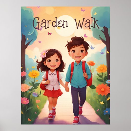 Niedlich School Kids in Garden Illustration Kunst, Poster (Vorne)