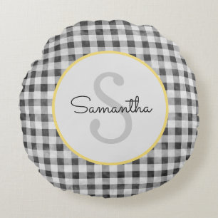 Niedlich Schwarz-Weiß-Gingham-Personalisiert-Monog Rundes Kissen