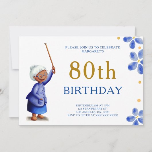 Niedlich Schwarze Oma Wasserfarbe Flora 80. Geburt Einladung (Vorderseite)