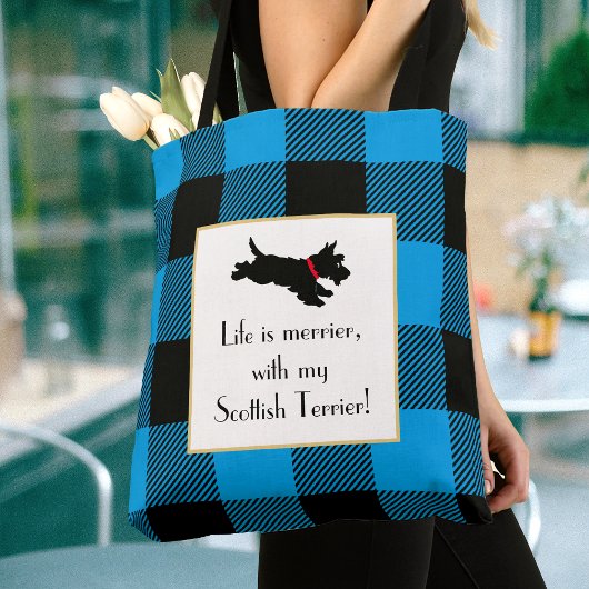 Niedlich Scottie Dog Buffalo Kariert Blue Tote Bag Tasche