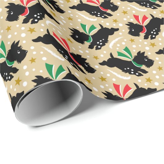Niedlich Scottie Dog Fun Snow Retro Muster Gold Geschenkpapier (Rolleneckpunkt)